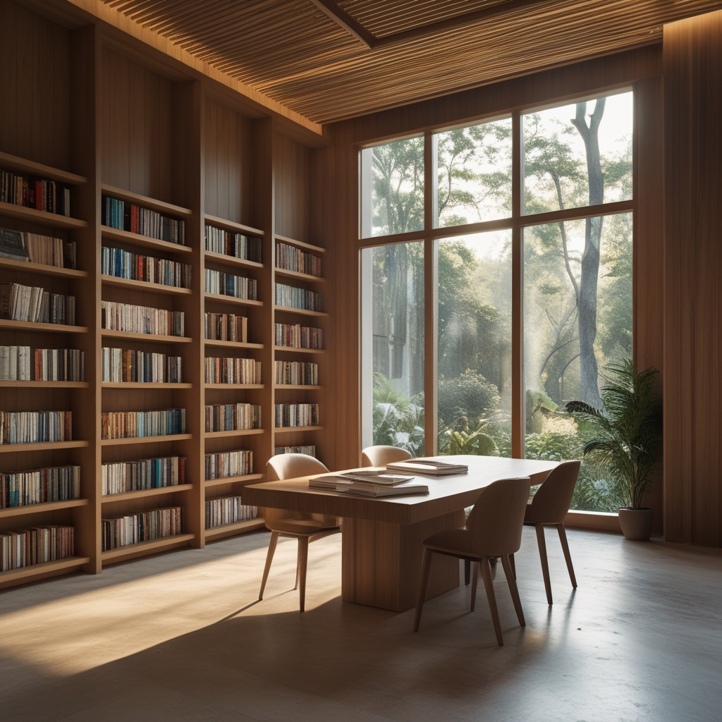 Ruang baca modern yang terang dengan rak buku tinggi berisi buku-buku tentang botani dan alam, meja kayu besar di tengah ruangan dengan cahaya alami dari jendela besar
