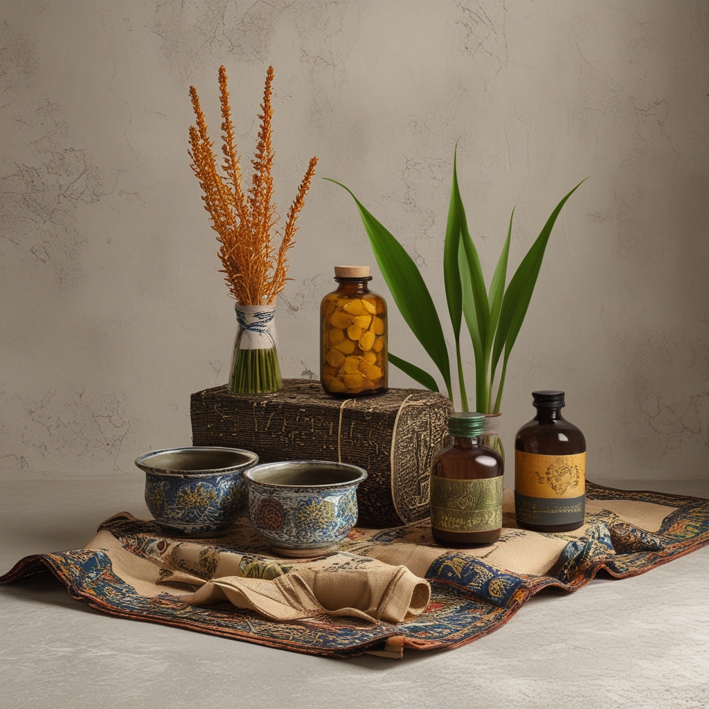 Rangkaian bahan jamu tradisional Indonesia — rimpang temulawak berwarna oranye, jahe segar, kayu manis, cengkeh, dan daun pandan tersusun di atas kain batik berwarna cokelat tanah