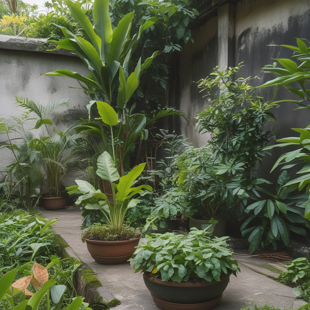 Tanaman tropis Indonesia yang subur — daun sirih hijau mengkilap, tanaman pegagan menjalar, dan berbagai tanaman herbal dalam pot tanah liat di kebun tropis yang hijau